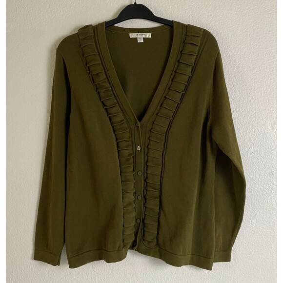 Liz Claiborne Womens XL  Long-sleeve Green Cardigan With Pleated-Ruffle Edging‎ - Picture 1 of 10